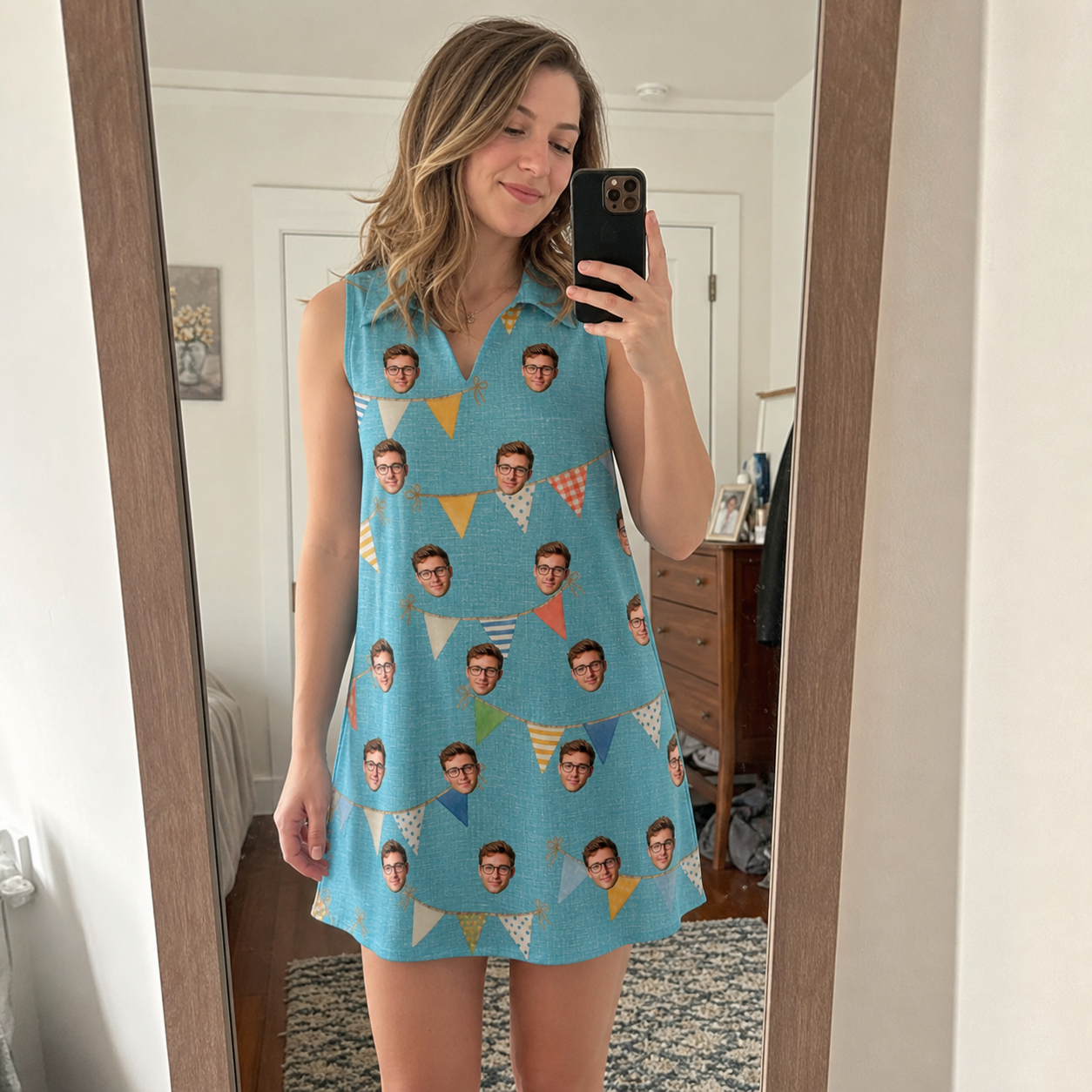 Real-life photo of someone wearing Women's Birthday Bunting Custom Face V-Neck Dress — custom faces printed all-over