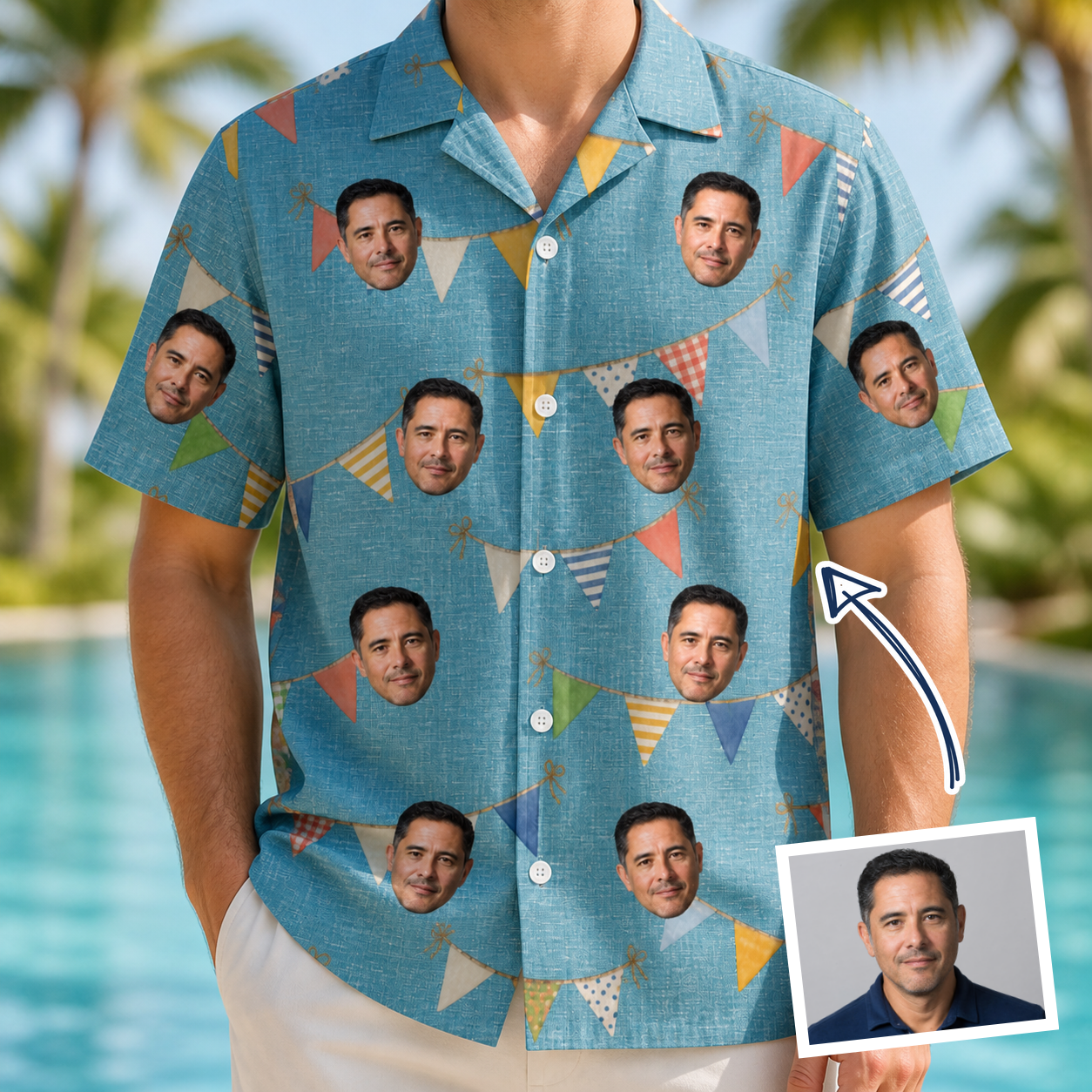 Man wearing Men's Birthday Bunting Custom Face Hawaiian Shirt — custom faces printed all-over