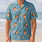 Model wearing Men's Birthday Bunting Custom Face Hawaiian Shirt printed with kids' faces