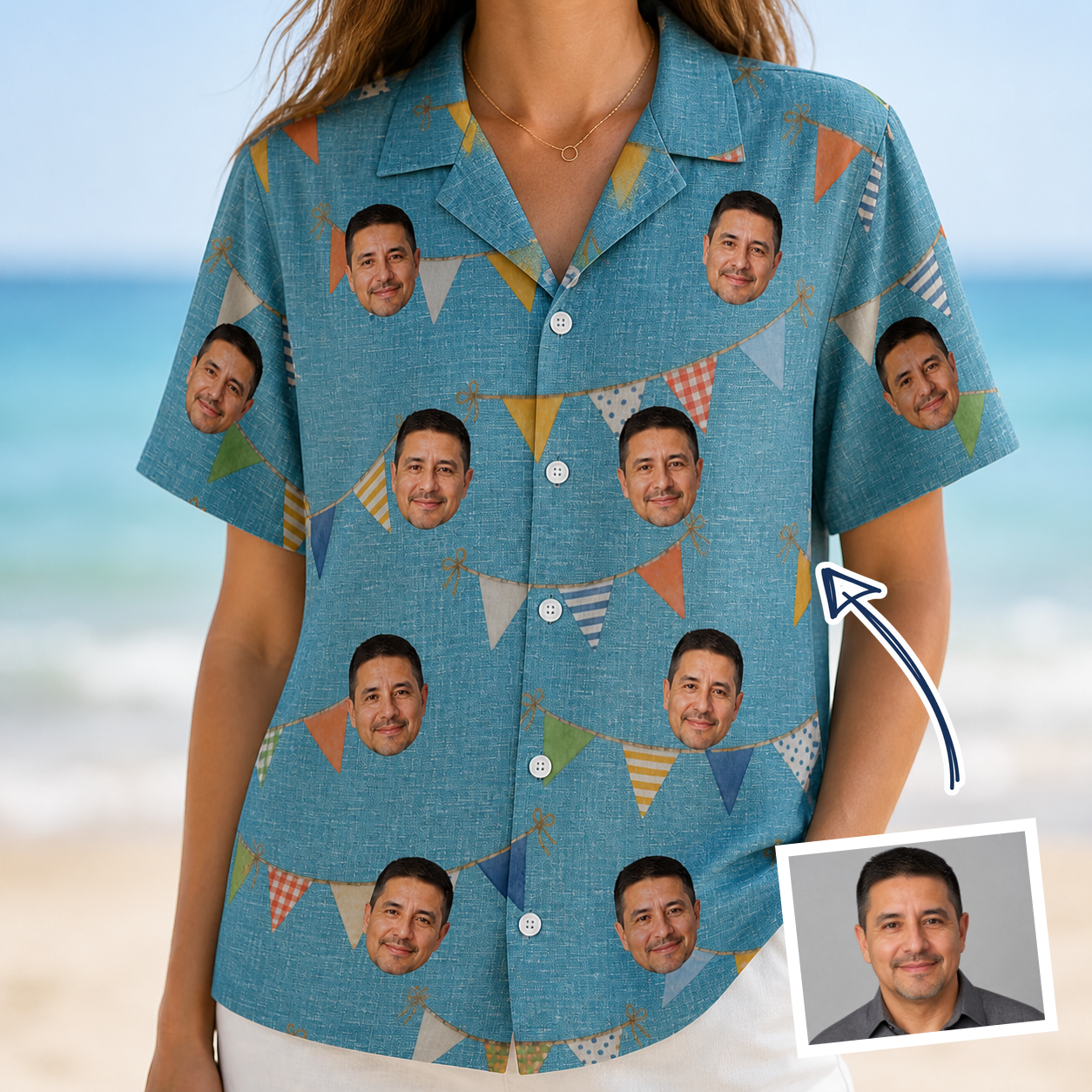 Woman wearing Women's Birthday Bunting Custom Face Hawaiian Shirt — custom faces printed all-over