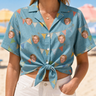 Woman wearing Women's Birthday Bunting Custom Face Hawaiian Shirt tied at the waist