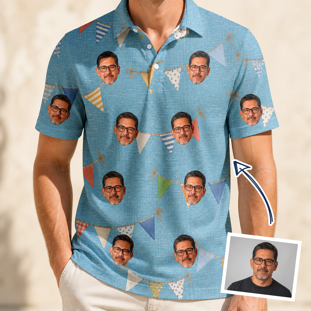 Man wearing Men's Birthday Bunting Custom Face Polo Shirt — custom faces printed all-over