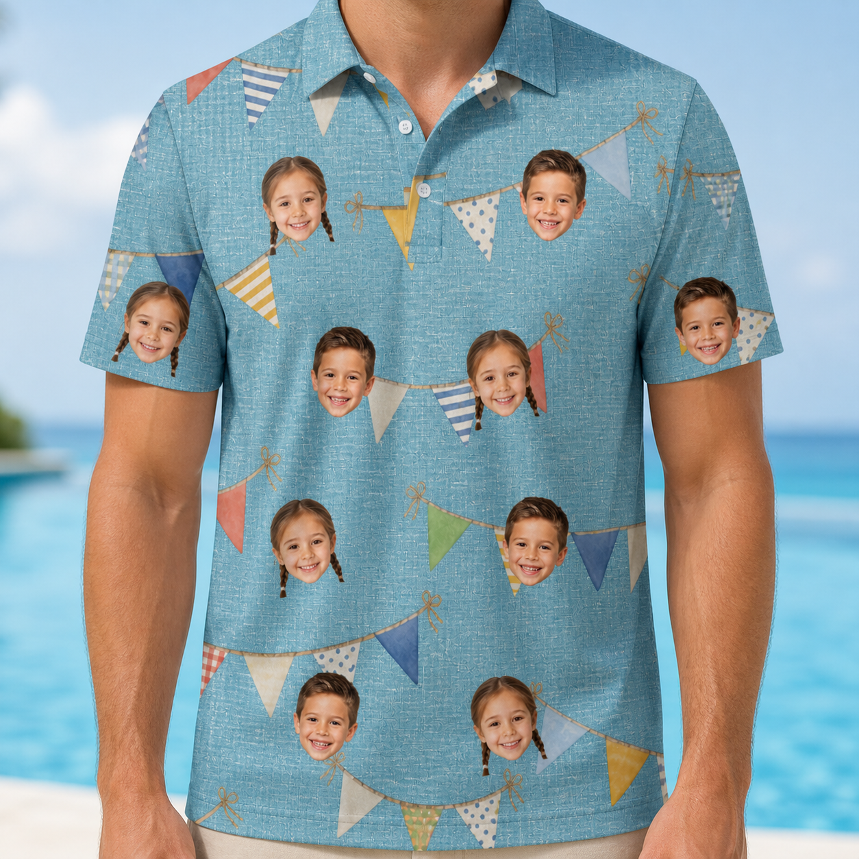 Model wearing Men's Birthday Bunting Custom Face Polo Shirt printed with kids' faces