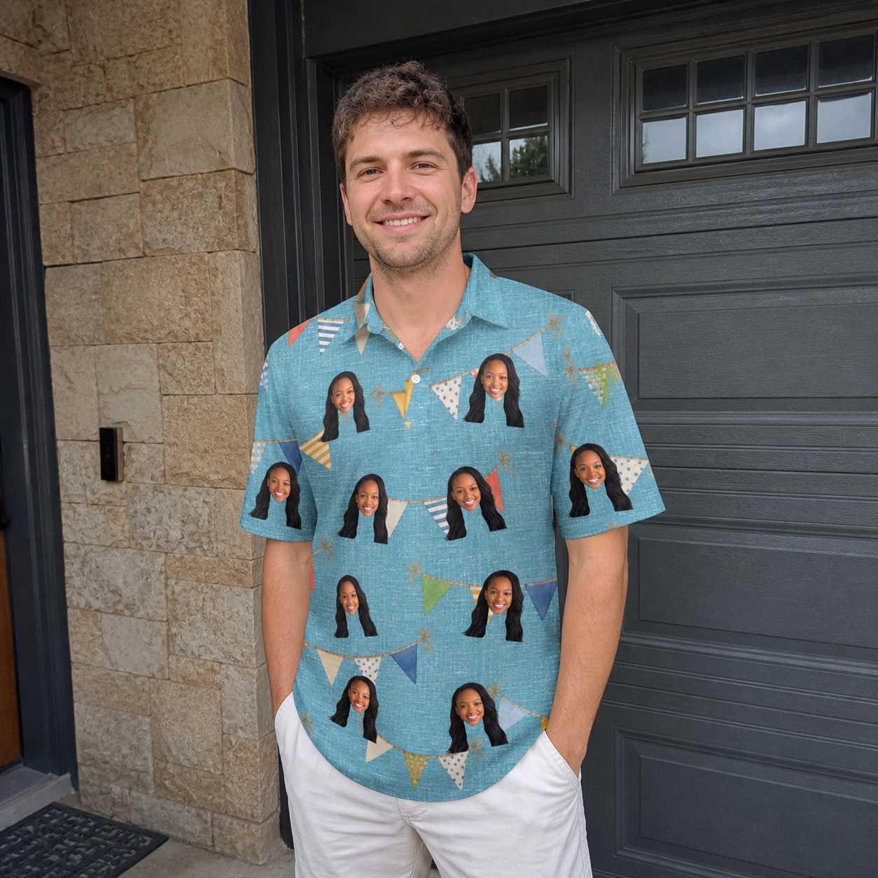 Real-life photo of someone wearing Men's Birthday Bunting Custom Face Polo Shirt — custom faces printed all-over
