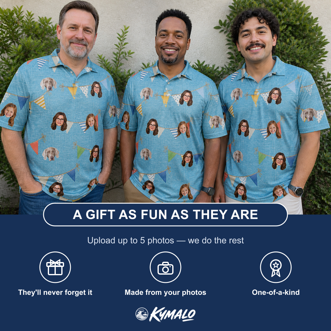 Friends in matching Men's Birthday Bunting Custom Face Polo Shirt — a group gift photo