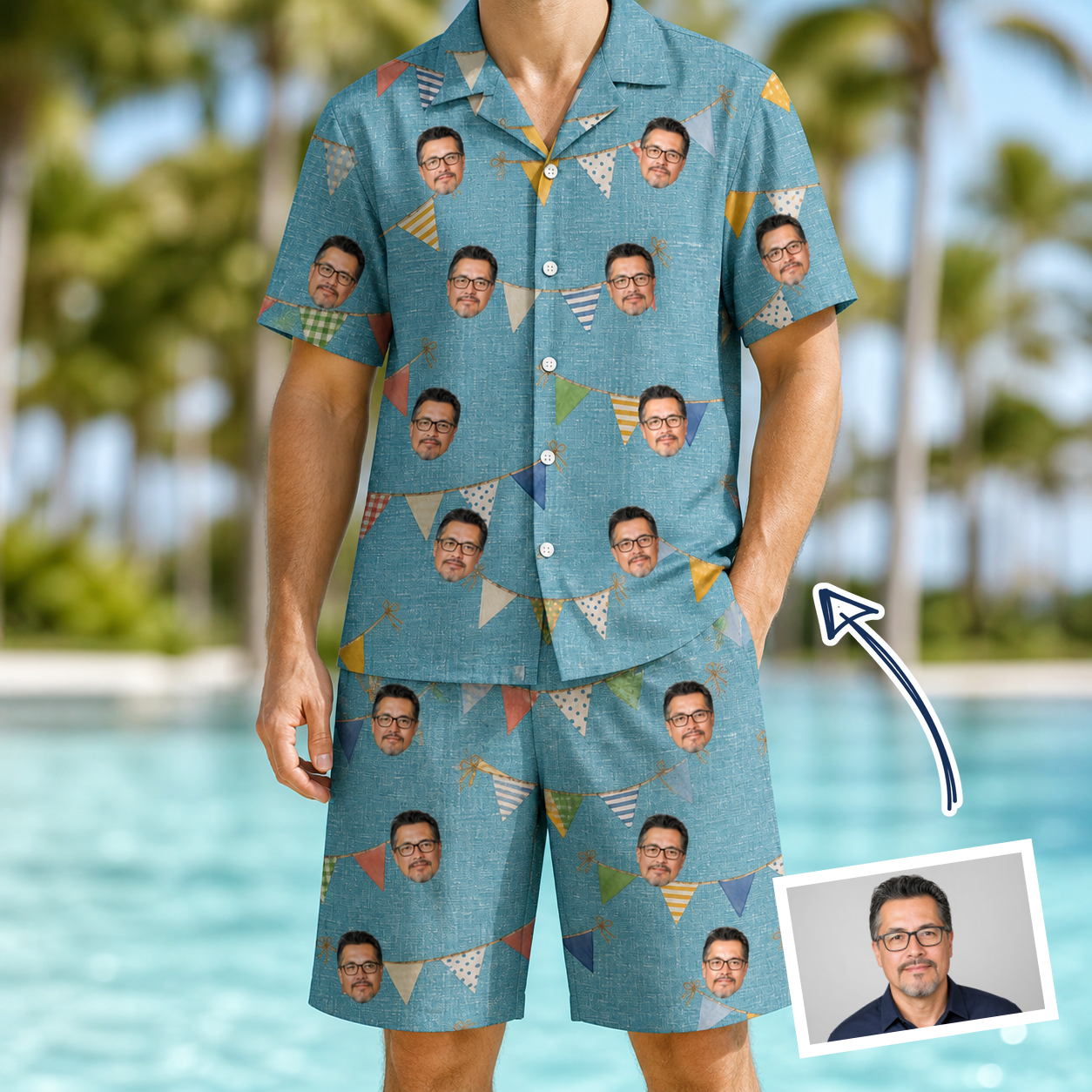 Man wearing Men's Birthday Bunting Custom Face Shirt & Shorts Set — custom faces printed all-over