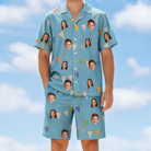 Model wearing Men's Birthday Bunting Custom Face Shirt & Shorts Set printed with kids' faces