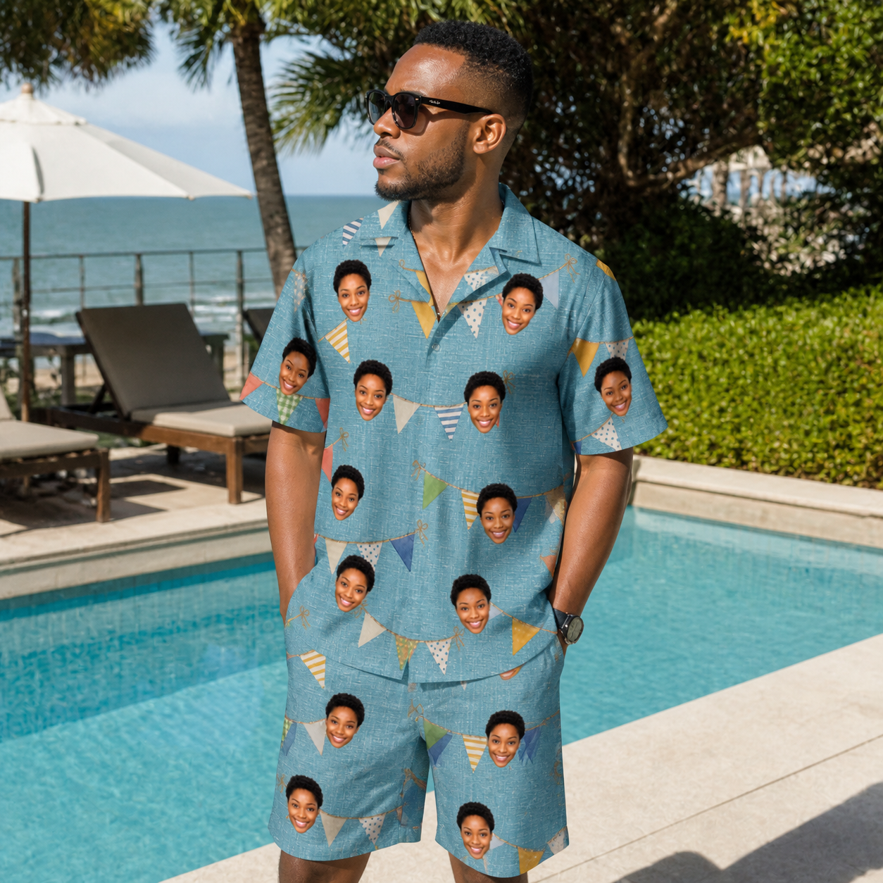 Real-life photo of someone wearing Men's Birthday Bunting Custom Face Shirt & Shorts Set — custom faces printed all-over