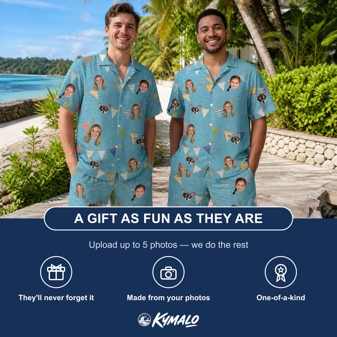 Friends in matching Men's Birthday Bunting Custom Face Shirt & Shorts Set — a group gift photo