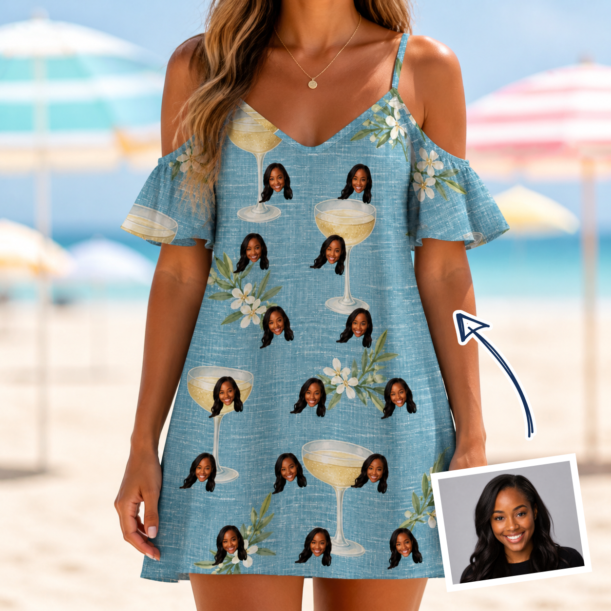 Woman wearing Women's Coupe Coup Custom Face Off-Shoulder Dress — custom faces printed all-over