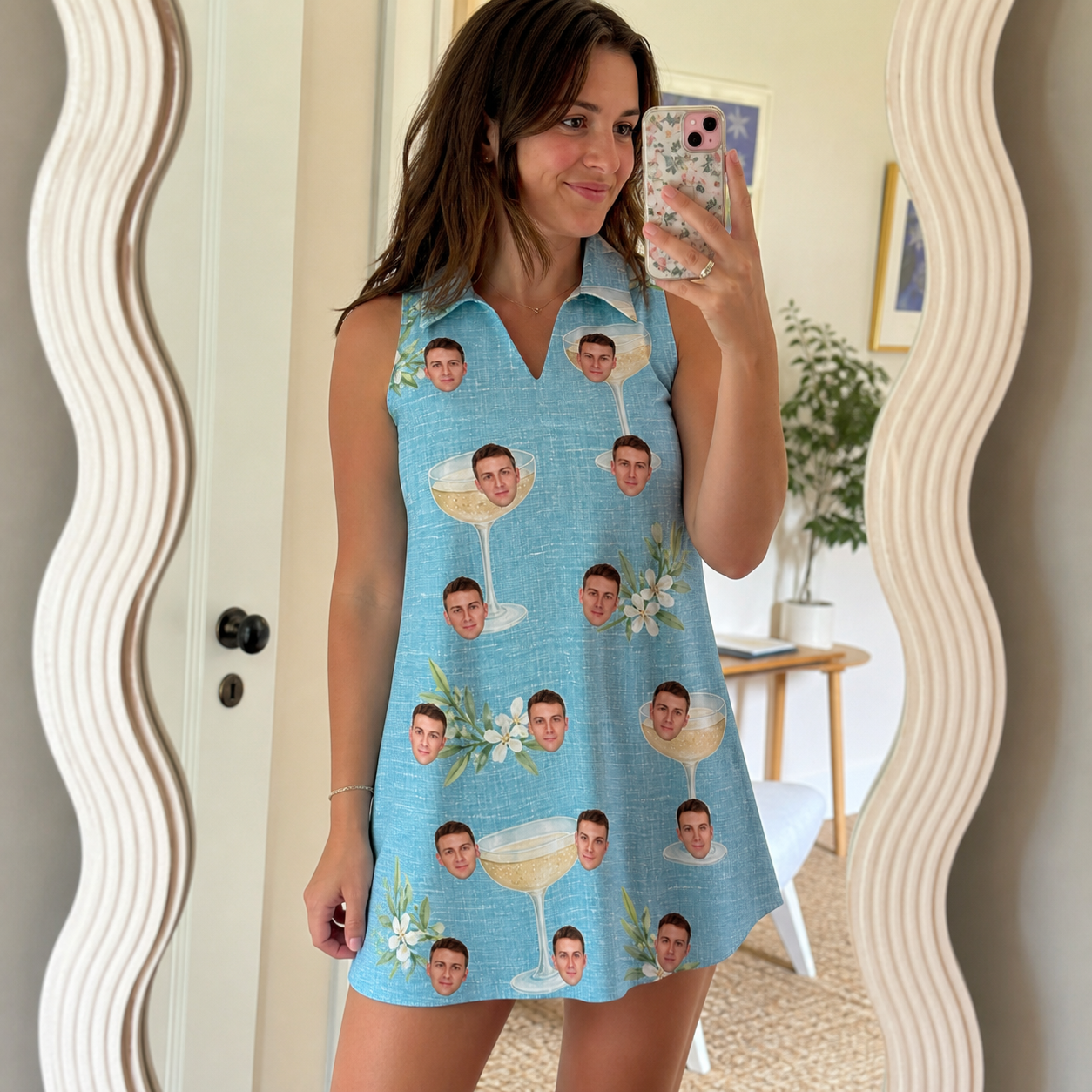 Real-life photo of someone wearing Women's Coupe Coup Custom Face V-Neck Dress — custom faces printed all-over