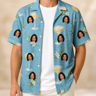 Man wearing Men's Coupe Coup Custom Face Hawaiian Shirt open over a white tee