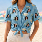 Woman wearing Women's Coupe Coup Custom Face Hawaiian Shirt tied at the waist