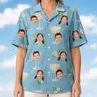 Model wearing Women's Coupe Coup Custom Face Hawaiian Shirt printed with kids' faces