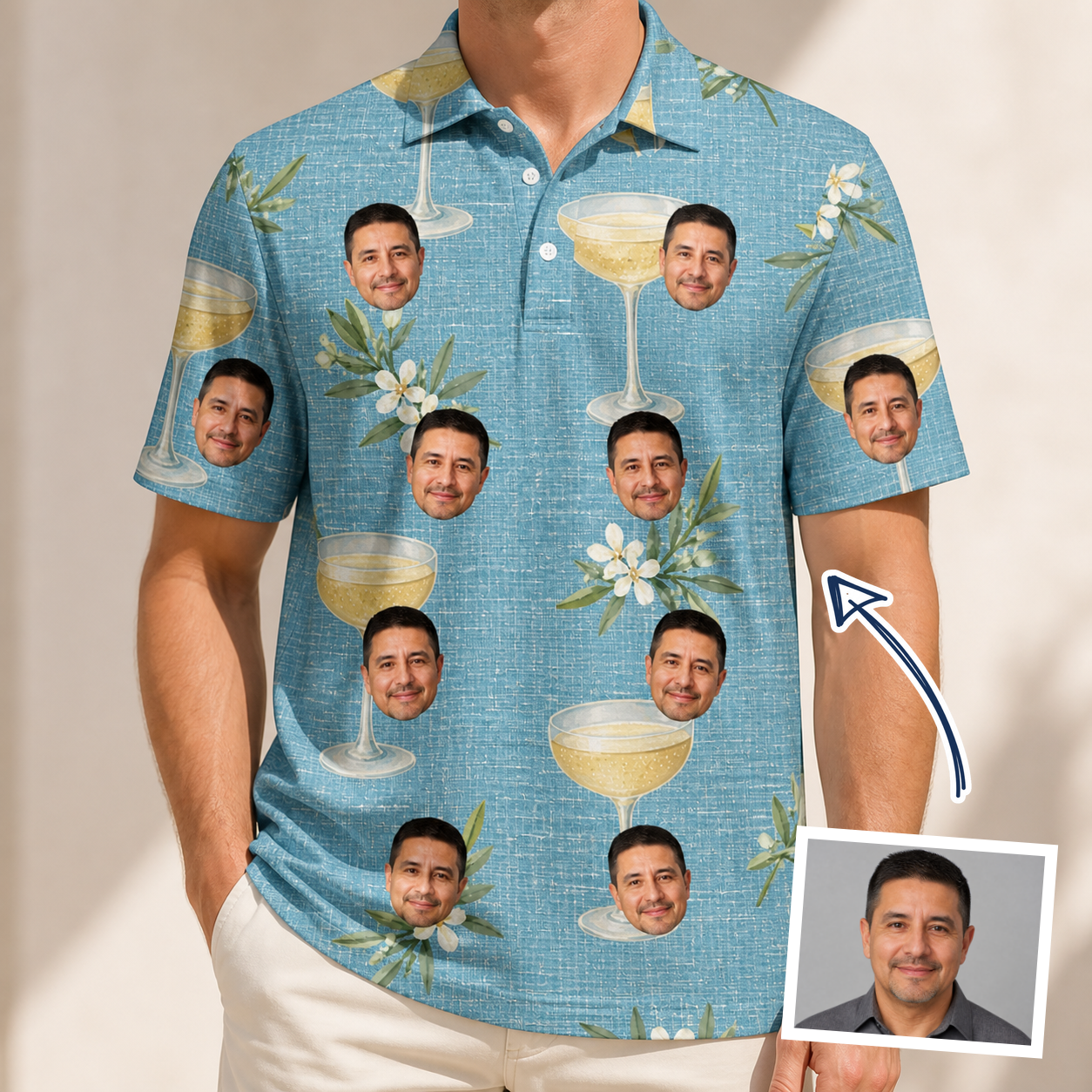 Man wearing Men's Coupe Coup Custom Face Polo Shirt — custom faces printed all-over