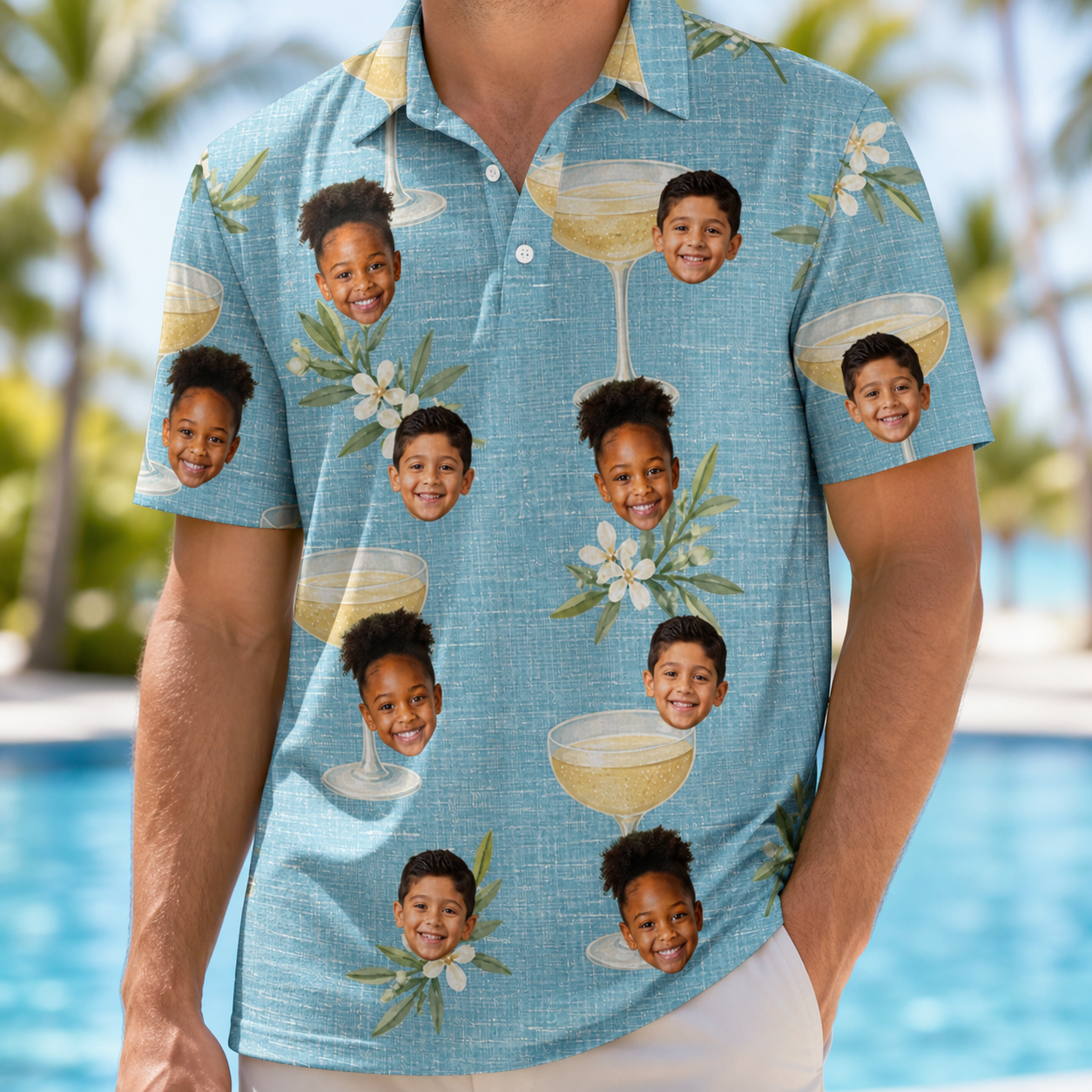 Model wearing Men's Coupe Coup Custom Face Polo Shirt printed with kids' faces