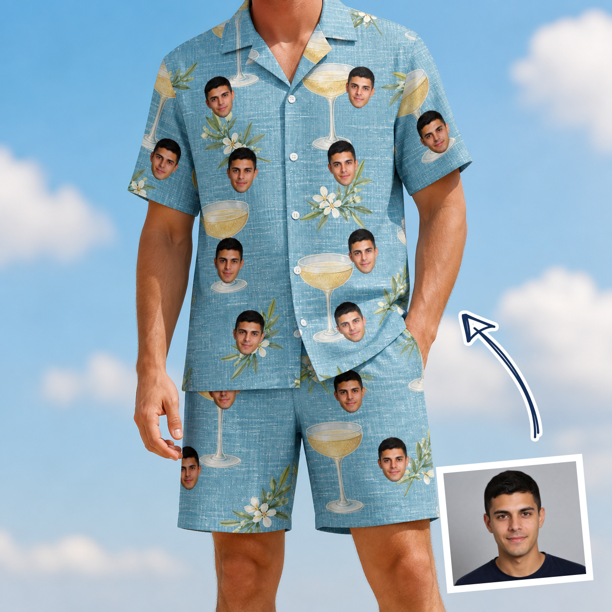 Man wearing Men's Coupe Coup Custom Face Shirt & Shorts Set — custom faces printed all-over