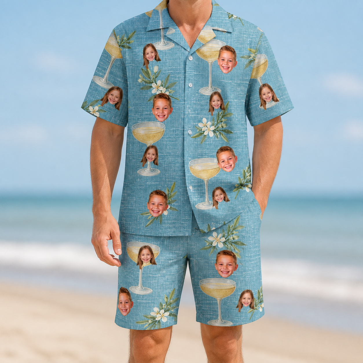 Model wearing Men's Coupe Coup Custom Face Shirt & Shorts Set printed with kids' faces