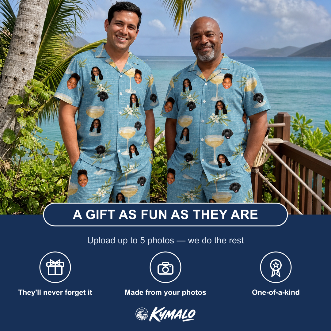 Friends in matching Men's Coupe Coup Custom Face Shirt & Shorts Set — a group gift photo