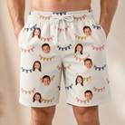 Model wearing Men's Garland Giggles Custom Face Beach Shorts printed with kids' faces
