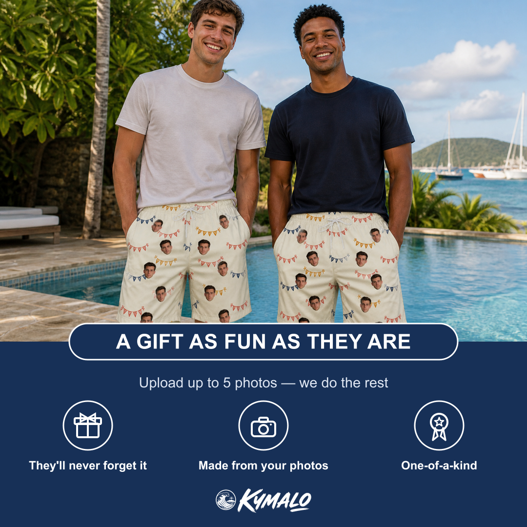 Friends in matching Men's Garland Giggles Custom Face Beach Shorts — a group gift photo