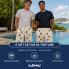 Friends in matching Men's Garland Giggles Custom Face Beach Shorts — a group gift photo