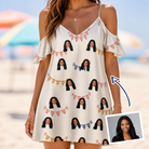 Woman wearing Women's Garland Giggles Custom Face Off-Shoulder Dress — custom faces printed all-over