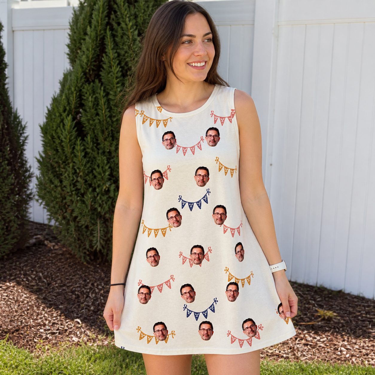 Real-life photo of someone wearing Women's Garland Giggles Custom Face Tank Dress — custom faces printed all-over