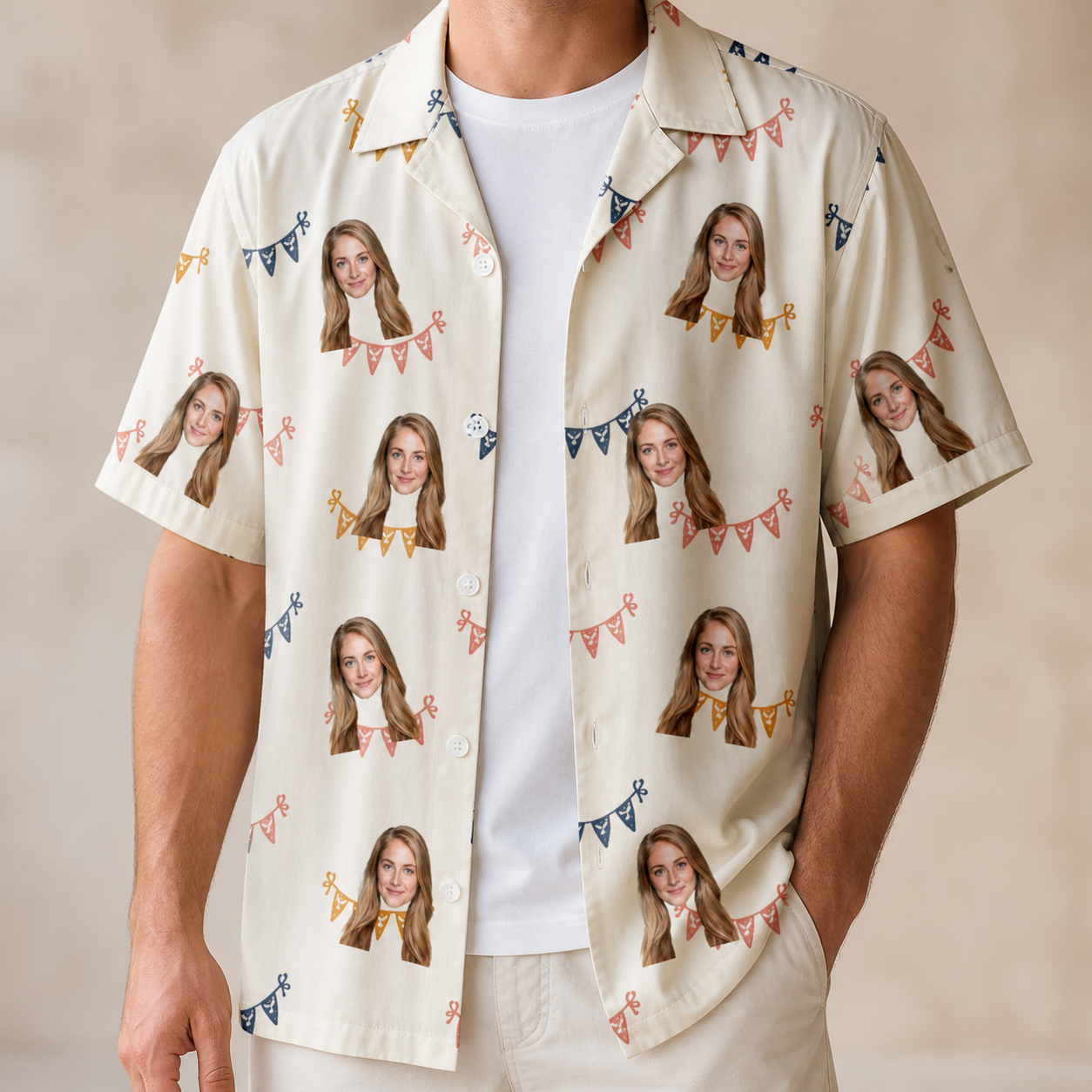 Man wearing Men's Garland Giggles Custom Face Hawaiian Shirt open over a white tee