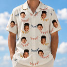 Model wearing Men's Garland Giggles Custom Face Hawaiian Shirt printed with kids' faces