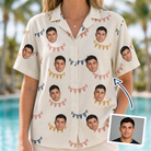 Woman wearing Women's Garland Giggles Custom Face Hawaiian Shirt — custom faces printed all-over