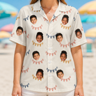 Model wearing Women's Garland Giggles Custom Face Hawaiian Shirt printed with kids' faces