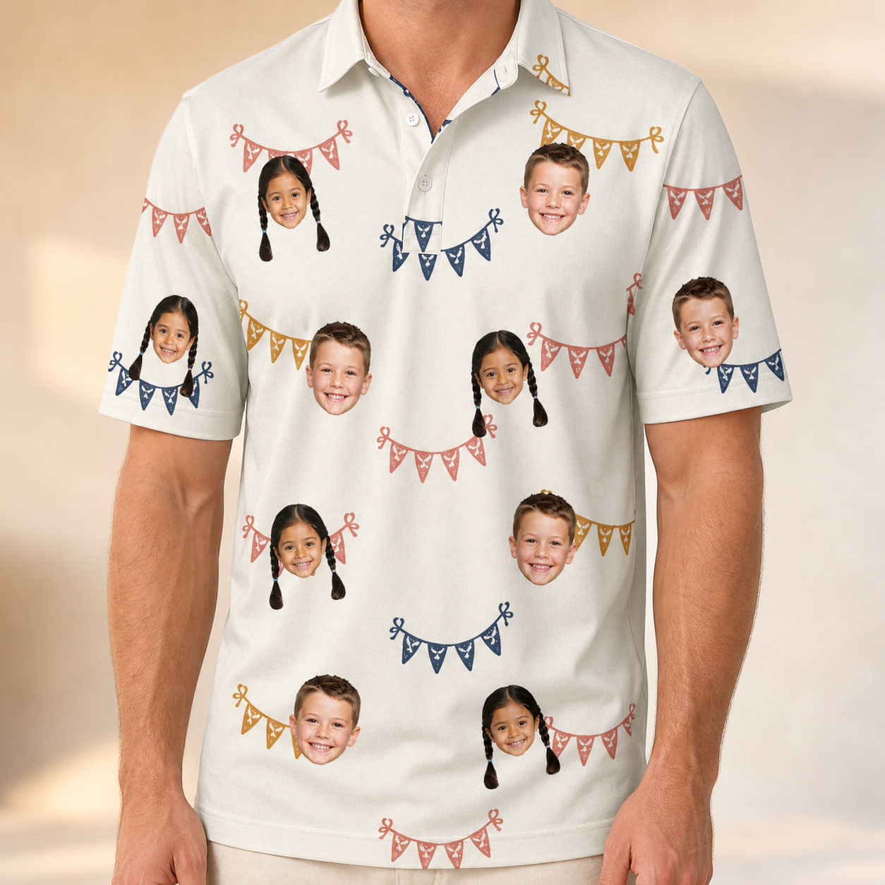 Model wearing Men's Garland Giggles Custom Face Polo Shirt printed with kids' faces