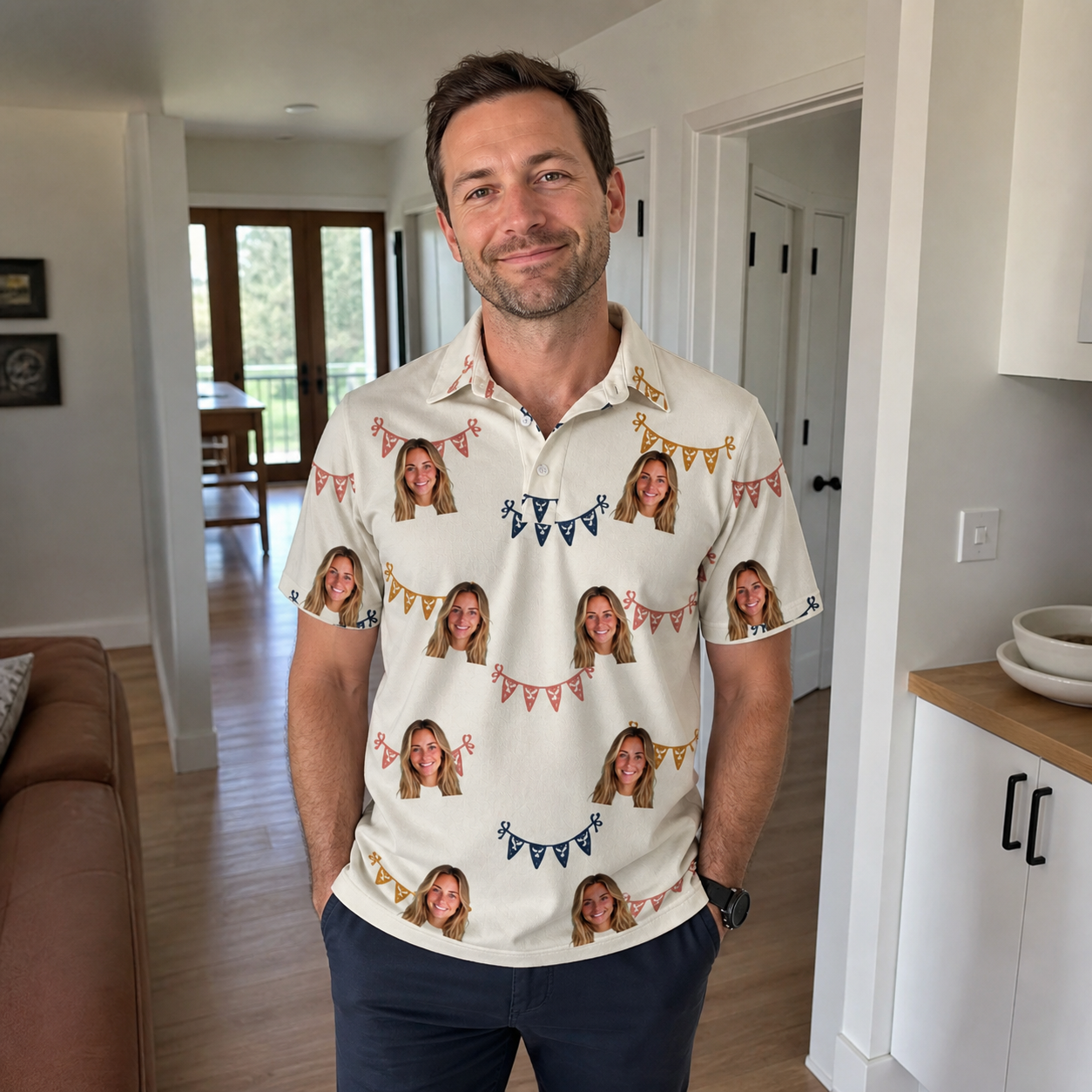 Real-life photo of someone wearing Men's Garland Giggles Custom Face Polo Shirt — custom faces printed all-over