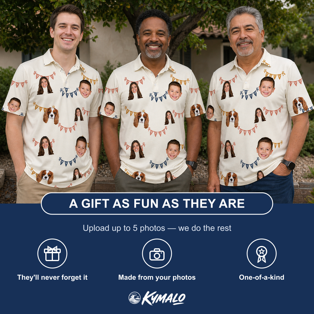 Friends in matching Men's Garland Giggles Custom Face Polo Shirt — a group gift photo