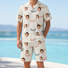 Model wearing Men's Garland Giggles Custom Face Shirt & Shorts Set printed with kids' faces