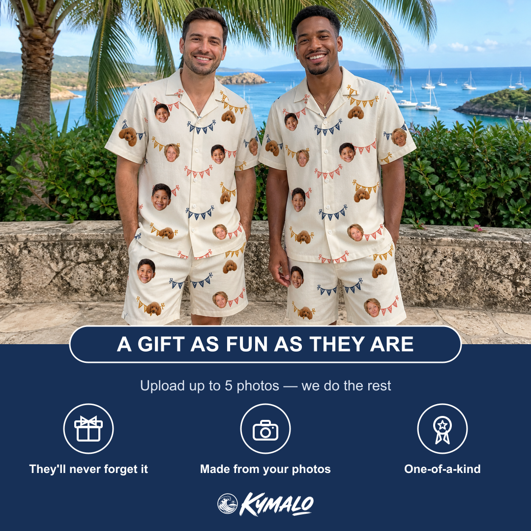 Friends in matching Men's Garland Giggles Custom Face Shirt & Shorts Set — a group gift photo