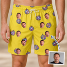 Man wearing Men's Mirrorball Mischief Custom Face Beach Shorts — custom faces printed all-over