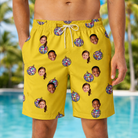 Model wearing Men's Mirrorball Mischief Custom Face Beach Shorts printed with kids' faces