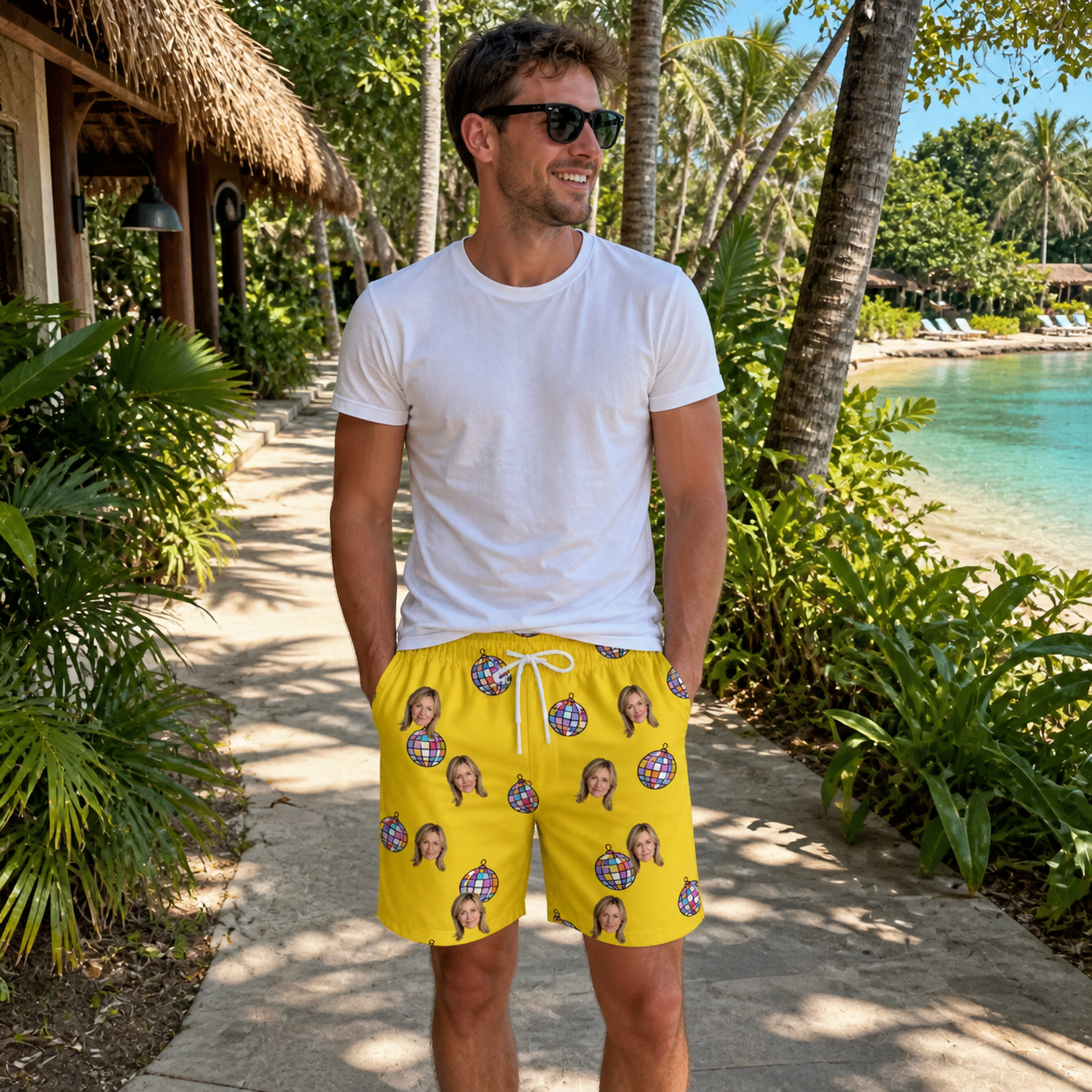 Real-life photo of someone wearing Men's Mirrorball Mischief Custom Face Beach Shorts — custom faces printed all-over