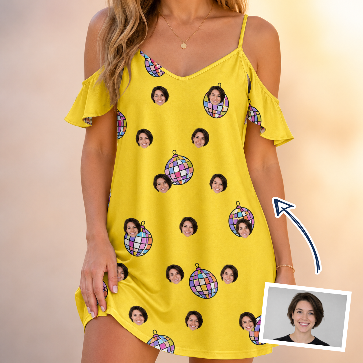 Woman wearing Women's Mirrorball Mischief Custom Face Off-Shoulder Dress — custom faces printed all-over
