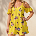 Model wearing Women's Mirrorball Mischief Custom Face Off-Shoulder Dress printed with kids' faces