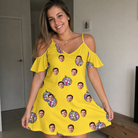 Real-life photo of someone wearing Women's Mirrorball Mischief Custom Face Off-Shoulder Dress — custom faces printed all-over