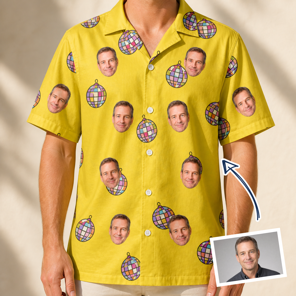 Man wearing Men's Mirrorball Mischief Custom Face Hawaiian Shirt — custom faces printed all-over