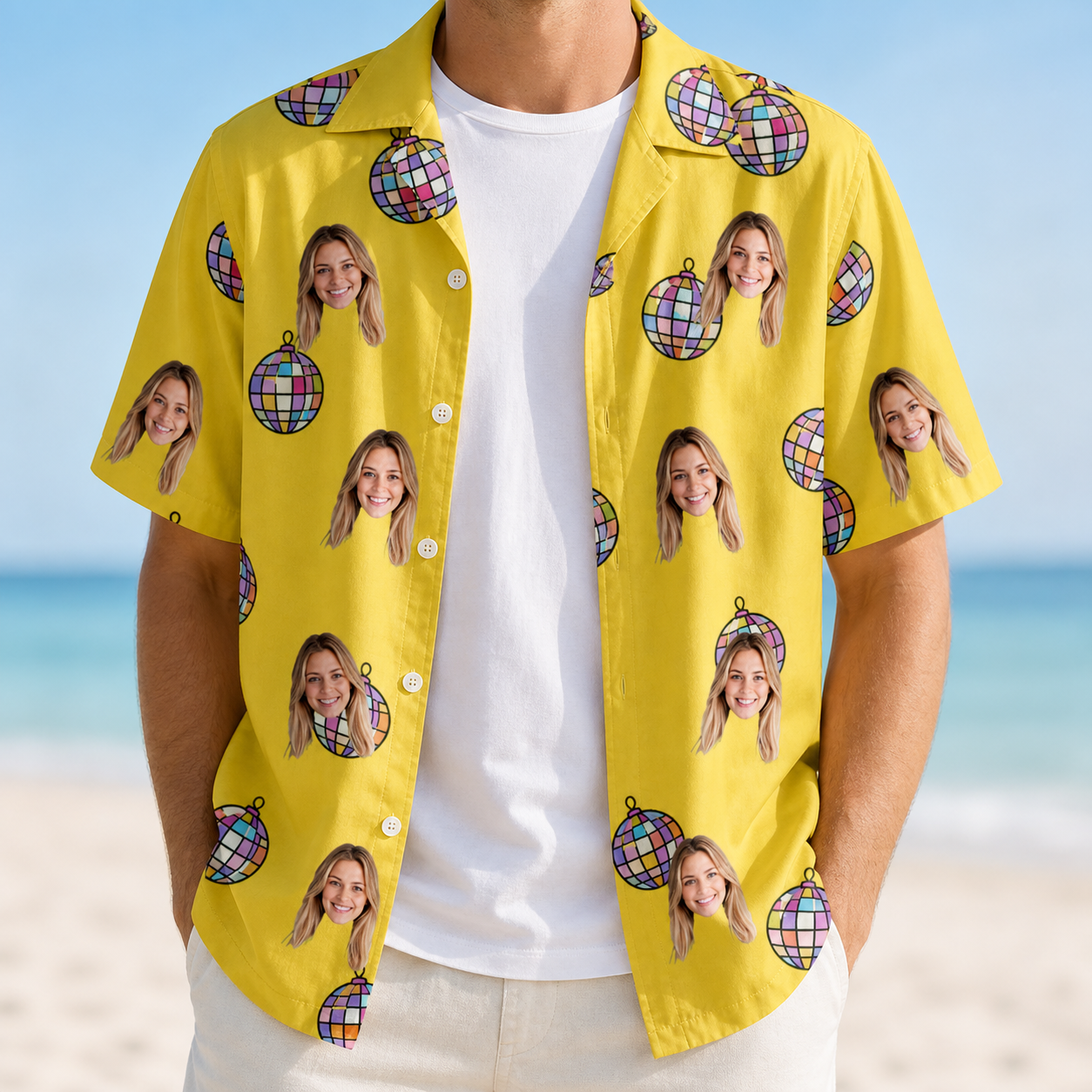 Man wearing Men's Mirrorball Mischief Custom Face Hawaiian Shirt open over a white tee