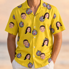 Model wearing Men's Mirrorball Mischief Custom Face Hawaiian Shirt printed with kids' faces