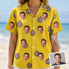 Woman wearing Women's Mirrorball Mischief Custom Face Hawaiian Shirt — custom faces printed all-over