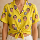 Woman wearing Women's Mirrorball Mischief Custom Face Hawaiian Shirt tied at the waist