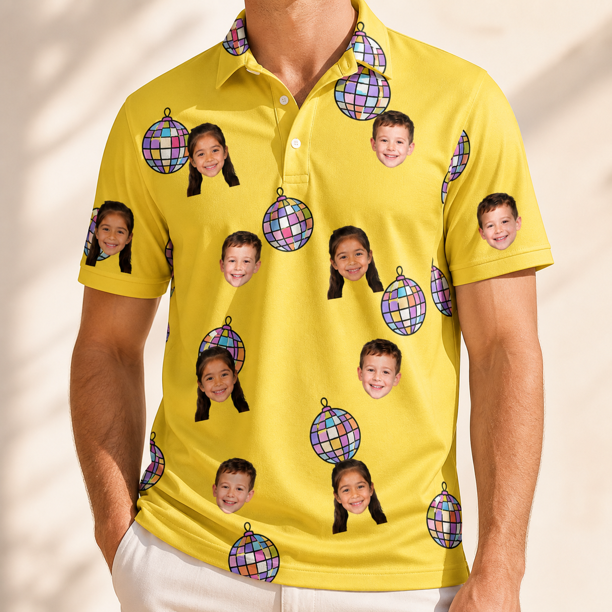 Model wearing Men's Mirrorball Mischief Custom Face Polo Shirt printed with kids' faces