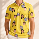 Model wearing Men's Mirrorball Mischief Custom Face Polo Shirt printed with kids' faces